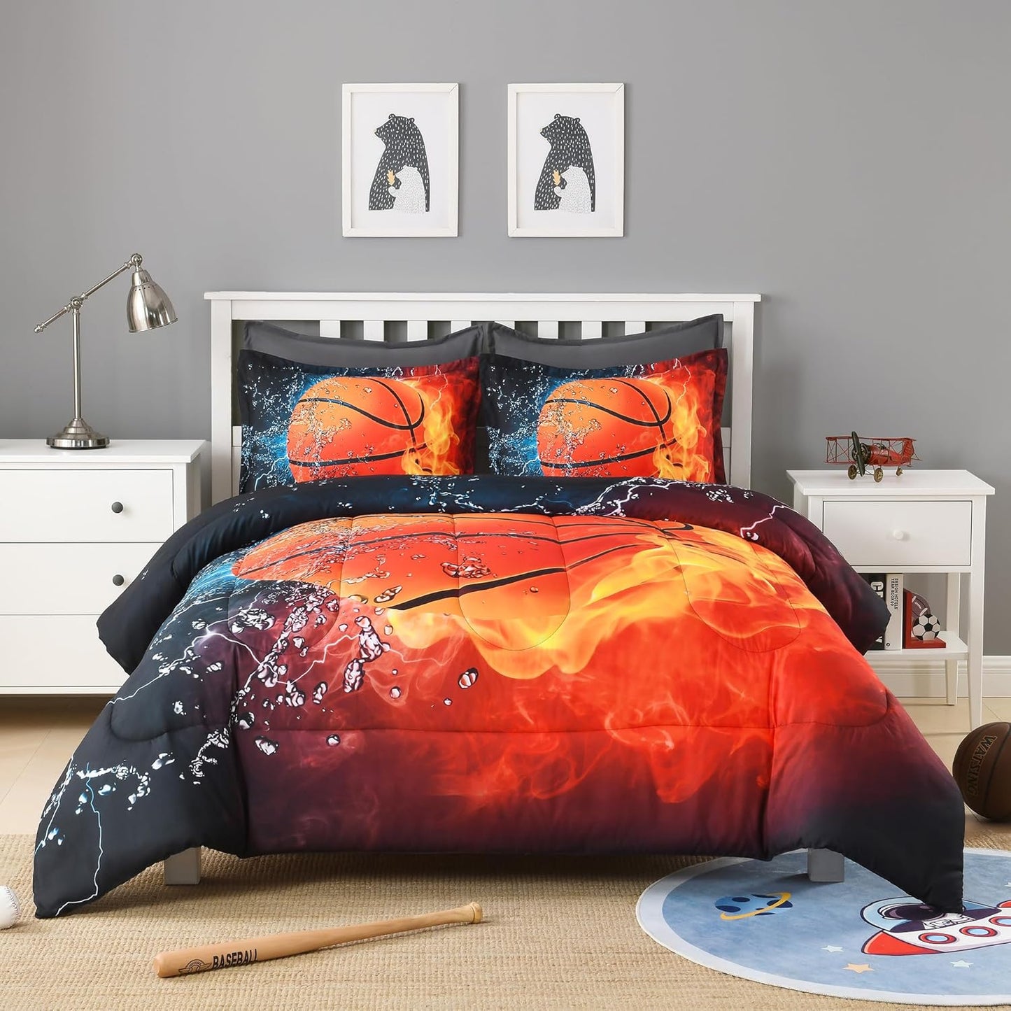 Basketball Comforter Set - Full Size (79X90 Inch), 3 Pieces (1 Comforter, 2 Pillowcases) Microfiber Sport Bedding for Kids Boys Girls Teens