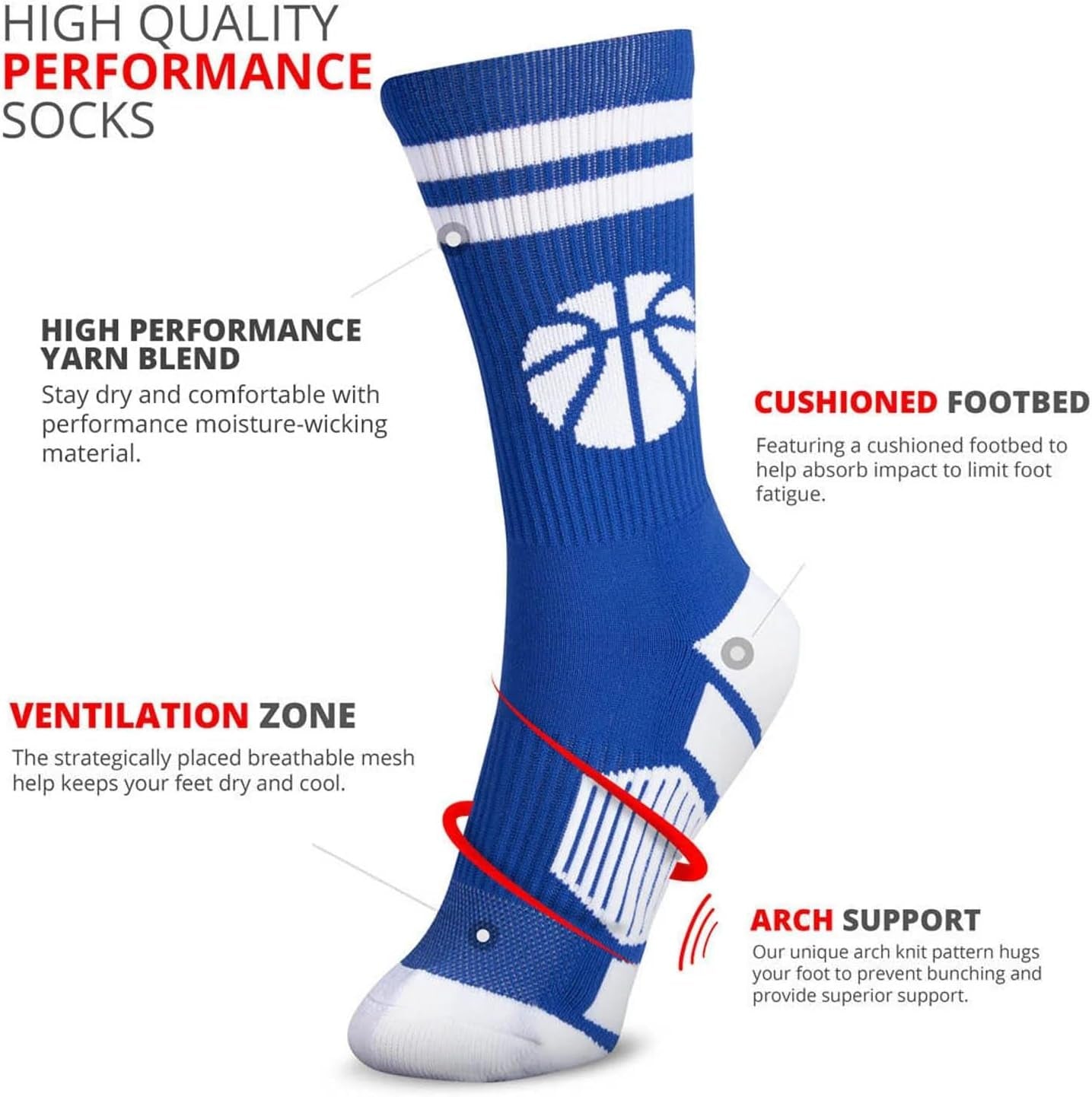Basketball Performance Crew Socks - Multiple Colors - Youth & Adult - Elite Basketball Mid-Calf Socks