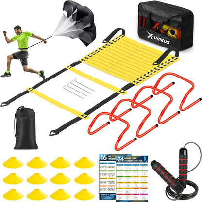 Ultimate Agility Ladder Training Set - 20ft Speed Ladder, 12 Soccer Cones, 4 Hurdles, Jump Rope & Running Parachute for Enhanced Performance in Football, Basketball, Soccer & More!
