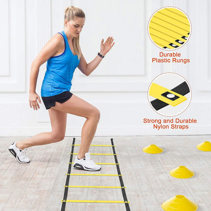 Ultimate Agility Ladder Training Set - 20ft Speed Ladder, 12 Soccer Cones, 4 Hurdles, Jump Rope & Running Parachute for Enhanced Performance in Football, Basketball, Soccer & More!