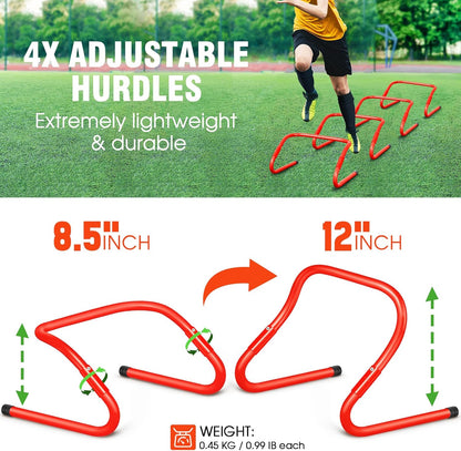 Ultimate Agility Ladder Training Set - 20ft Speed Ladder, 12 Soccer Cones, 4 Hurdles, Jump Rope & Running Parachute for Enhanced Performance in Football, Basketball, Soccer & More!