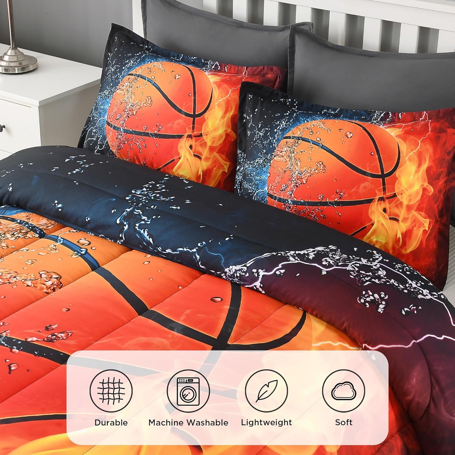 Basketball Comforter Set - Full Size (79X90 Inch), 3 Pieces (1 Comforter, 2 Pillowcases) Microfiber Sport Bedding for Kids Boys Girls Teens