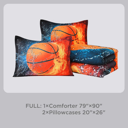 Basketball Comforter Set - Full Size (79X90 Inch), 3 Pieces (1 Comforter, 2 Pillowcases) Microfiber Sport Bedding for Kids Boys Girls Teens